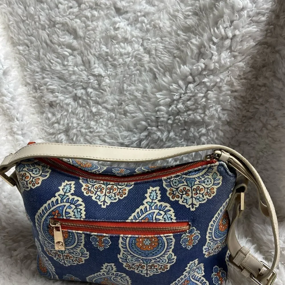 Spartina 449 Blue Bohemian canvas shoulder bag beige strap gold tone hardwares